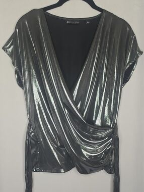 New York & Company 7th Avenue Metallic Silver Wrap Top M Back Tie Blouse